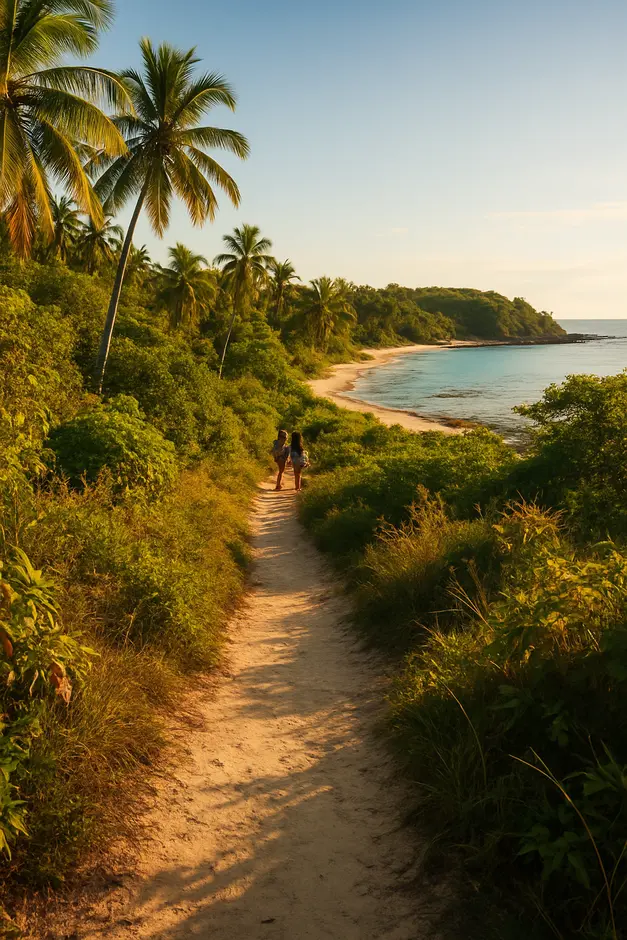 Trilha costeira de areia clara cercada por mata nativa com coqueiros e restinga entre vilarejos de Cueira e Moreré na Bahia