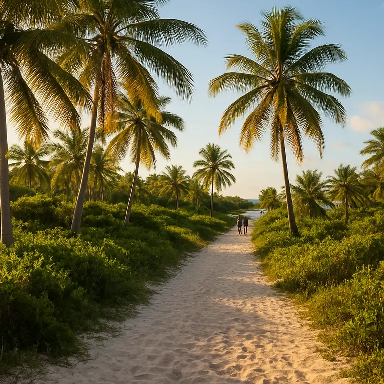 Trilha natural pouco conhecida na Bahia com areia branca cercada por coqueiros e restinga verde sob luz dourada do fim de tarde