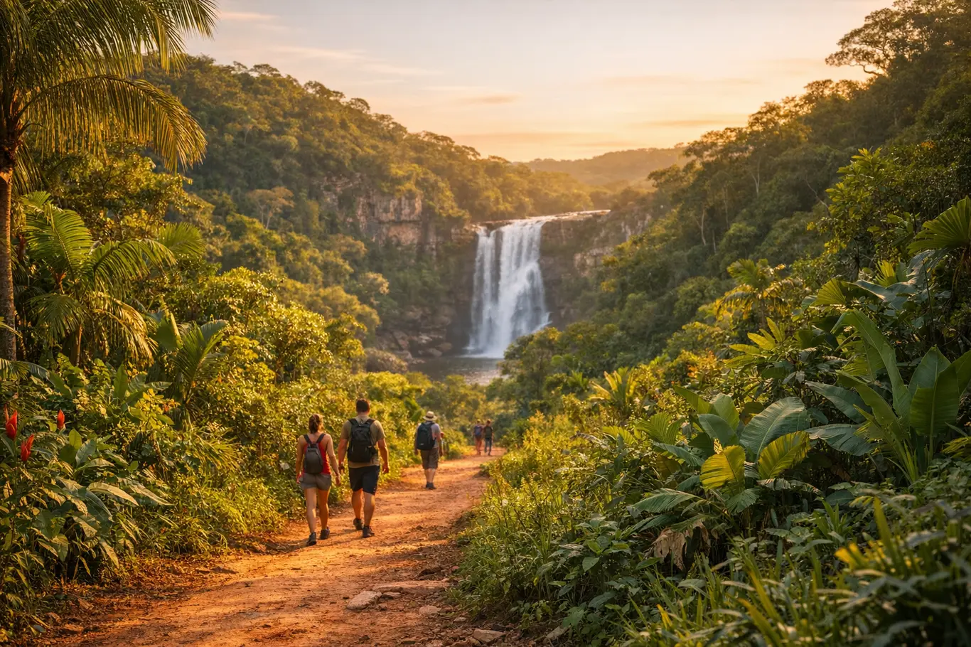 Trilhas Para Explorar na Bahia: 15 Rotas Entre Praias, Cachoeiras e Chapada Trilha natural com vegetação tropical densa e cachoeira ao fundo na Bahia ao entardecer