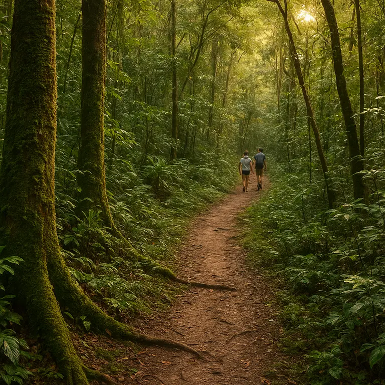 Trilha natural em reserva particular com vegetacao densa e musgo em troncos na Bahia ao fim da tarde