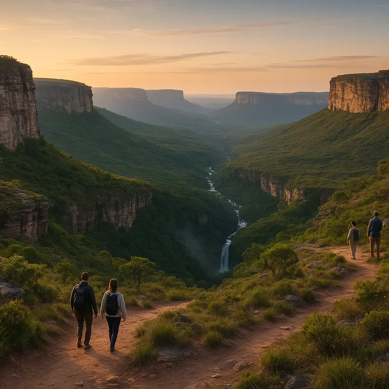 Pessoa caminhando por trilha natural na Bahia com vista para mirante