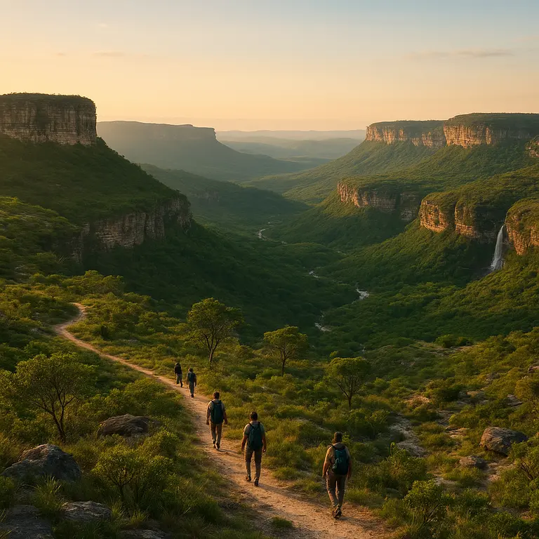 Vista panorâmica de trilha cercada por mata verde com cachoeira ao fundo na Bahia