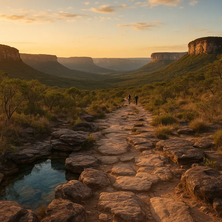 Trilha da Chapada Diamantina com vista para cânion e poço natural