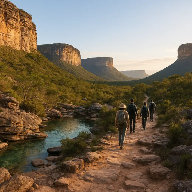 Trilha na Chapada Diamantina com turistas caminhando entre formações rochosas e poços cristalinos sob luz natural dourada da manhã