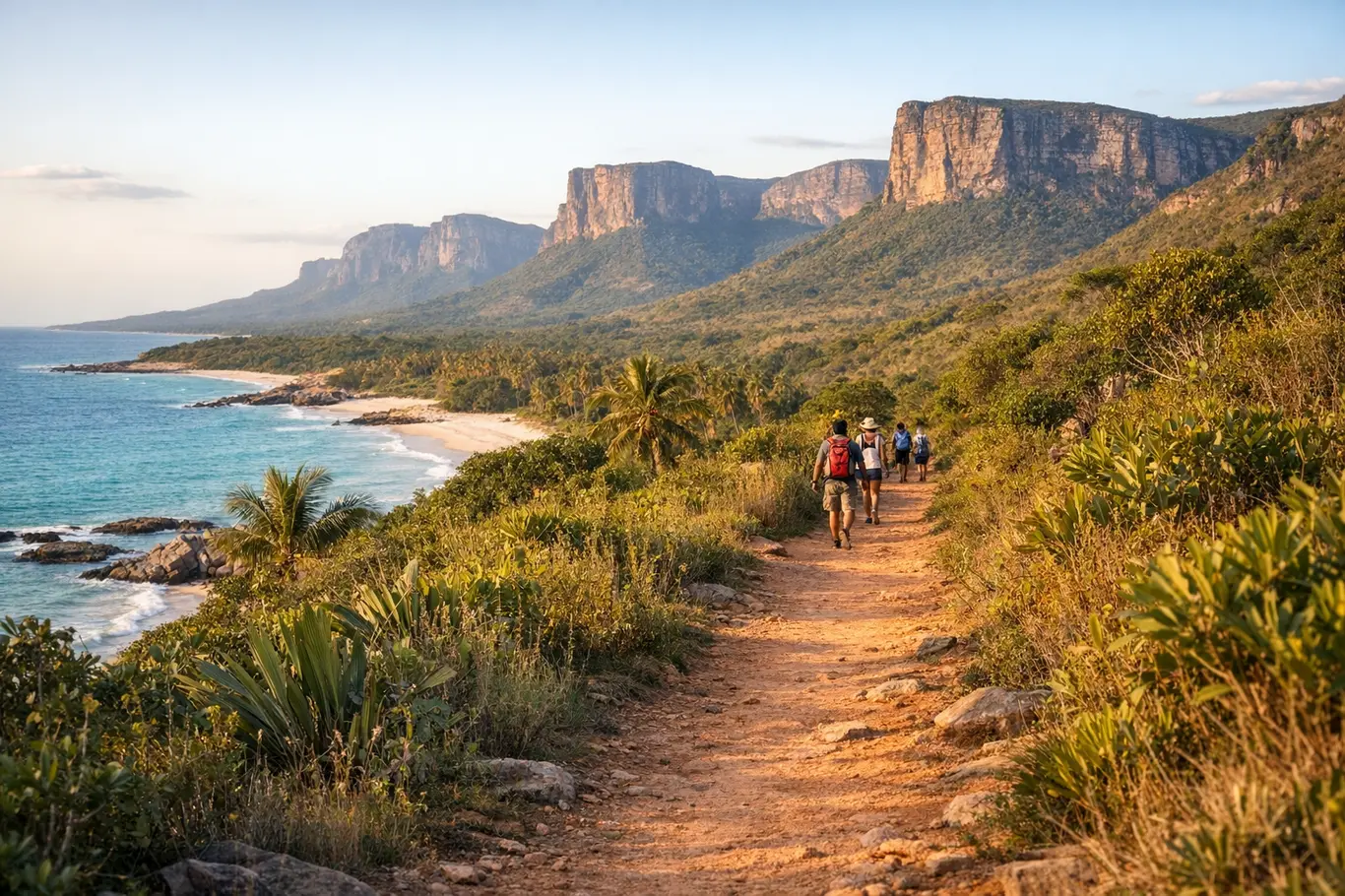 Trilhas Pouco Conhecidas na Bahia: 9 Rotas Entre Praias e Chapada Trilha pouco conhecida na Bahia com vegetação exuberante e chapada ao fundo ao entardecer