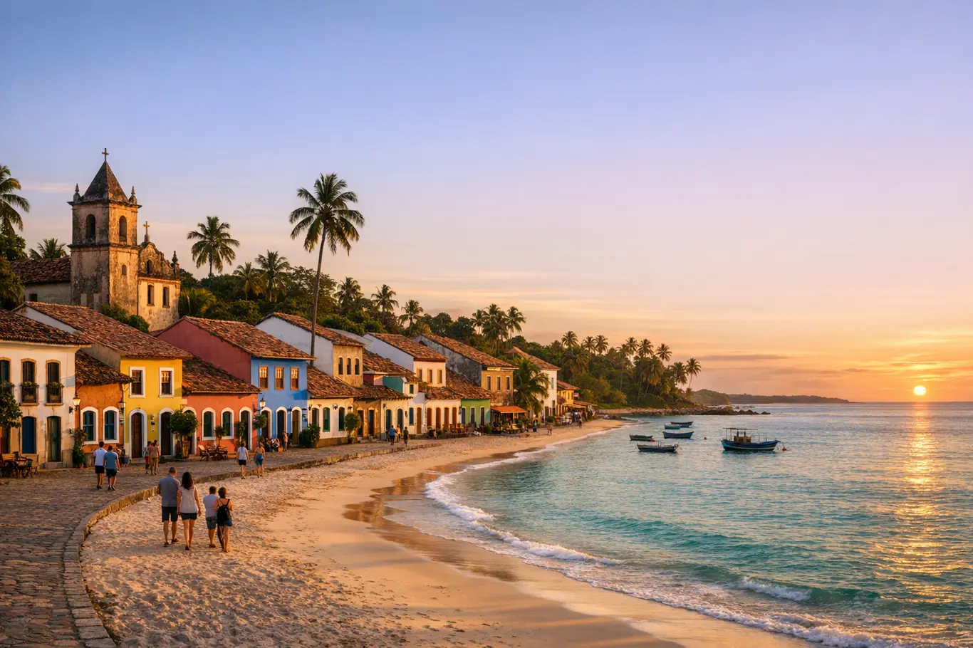Cidades Turísticas da Bahia Que Encantam: Praias, História e Sabores Vila histórica colorida à beira-mar na Bahia com praia e turistas ao entardecer