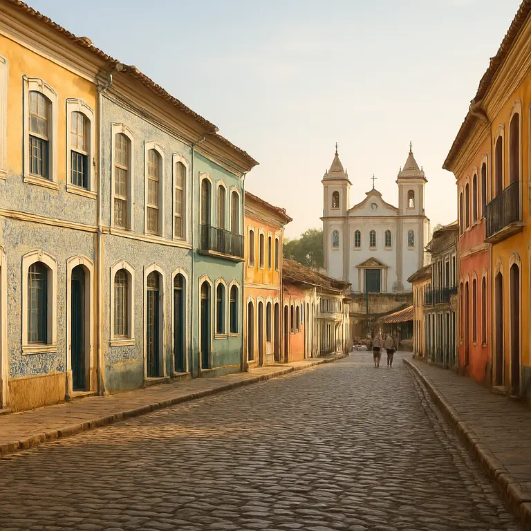 Casarões coloniais coloridos com azulejos portugueses na vila histórica de Cachoeira Bahia em rua de paralelepípedos
