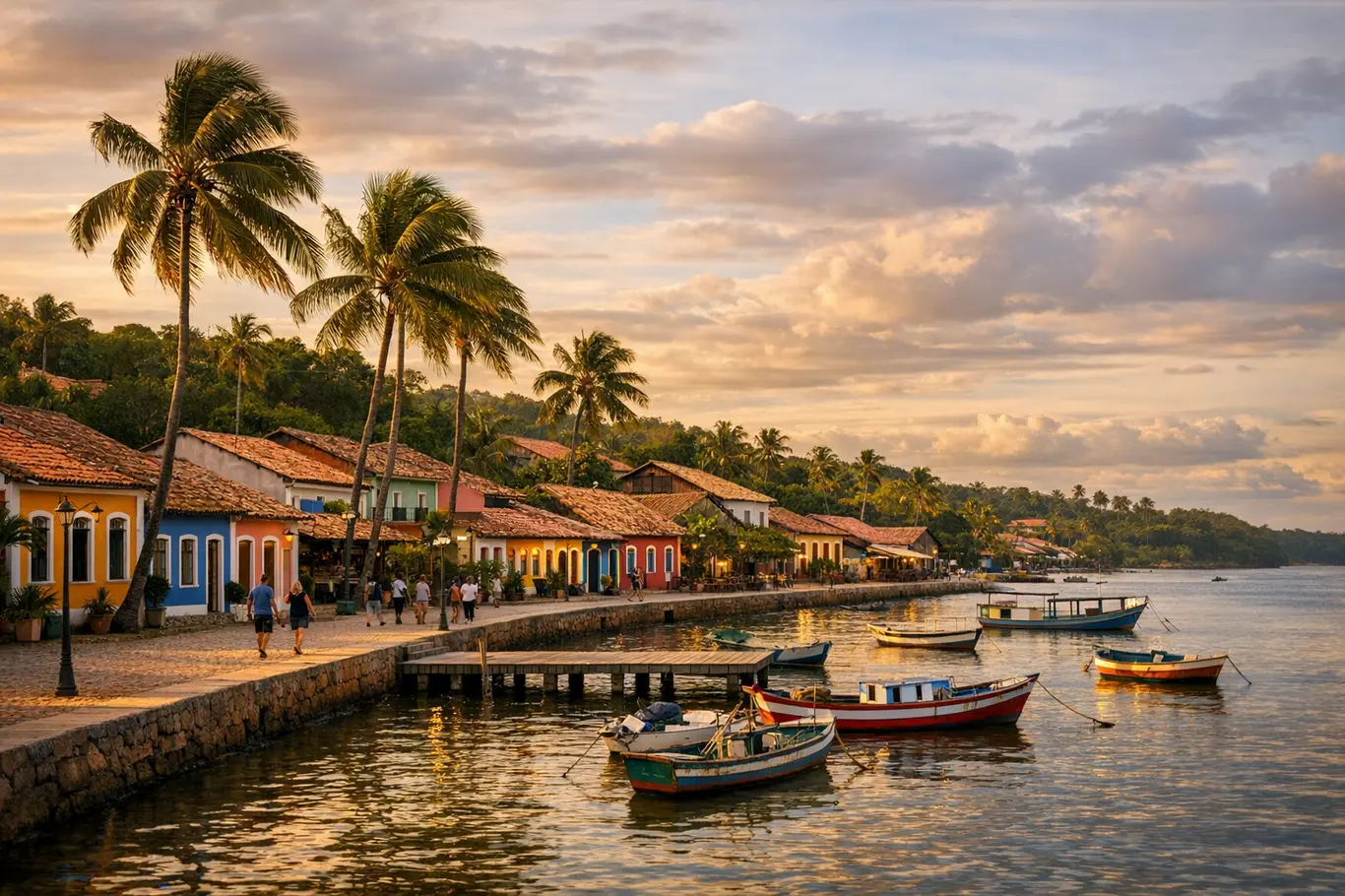 Curiosidades da Cultura Baiana: Ritmos, Sabores e Tradições para Sentir Vista panoramica de vila litoranea da Bahia com casas coloniais coloridas ao entardecer e coqueiros