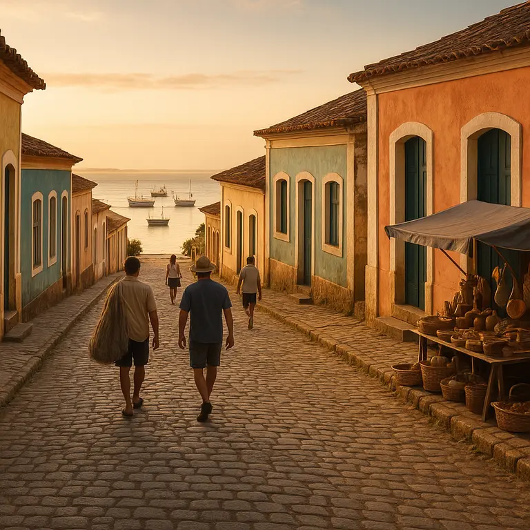 Vila litorânea tranquila da Bahia com ruas de pedra e casas coloniais coloridas ao entardecer
