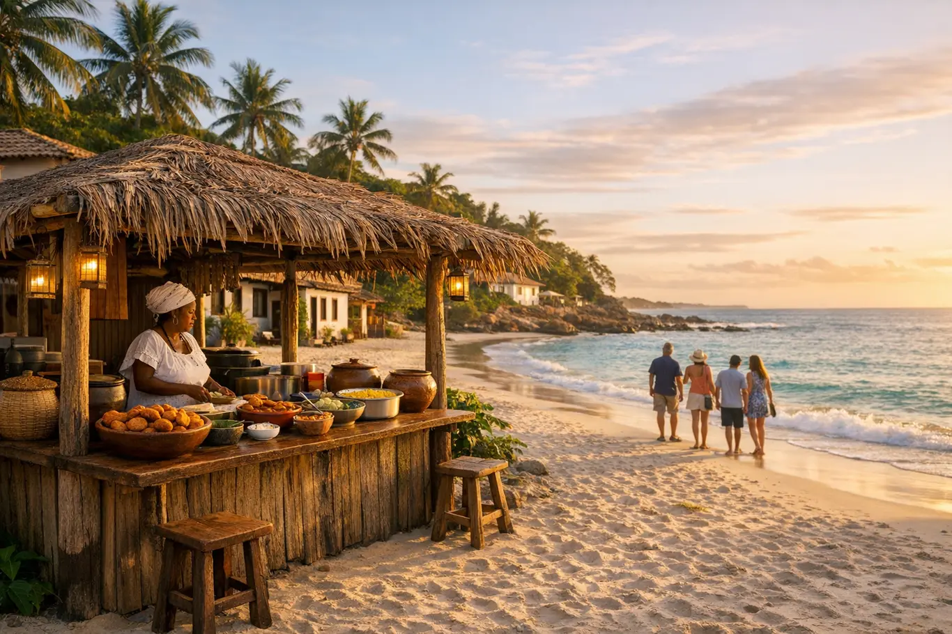 Sabores da Culinária Baiana: 10 Lugares Para Provar Acarajé e Moqueca Barraca rústica de acarajé na praia de vila litorânea baiana ao entardecer