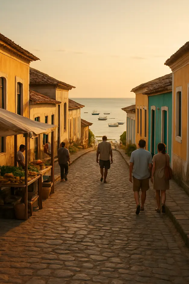 Vista de vila litorânea tranquila da Bahia ao entardecer com ruas estreitas, casas coloniais coloridas, feira ao ar livre, pescadores e mar sereno ao fundo