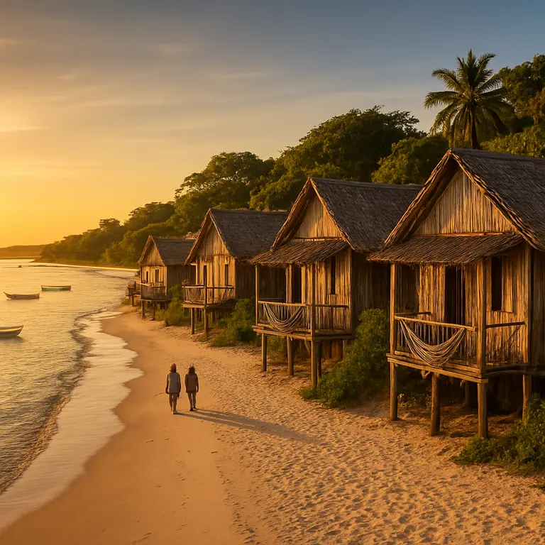 Vila de pescadores rústica na Bahia ao entardecer com casas de madeira e palha próximas à praia deserta e barcos artesanais no mar tranquilo