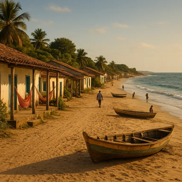 Vila de pescadores rústica na Bahia ao pôr do sol com casas de varanda e redes, ruas de areia e mar calmo ao fundo