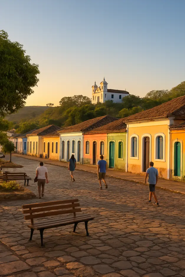 Vilarejo historico no interior da Bahia com casas coloridas e igreja colonial ao entardecer
