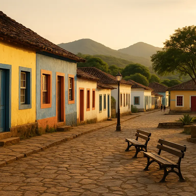 Vilarejo no interior da Bahia ao entardecer com casas coloridas e ruas de pedra
