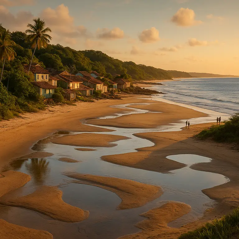 Vilarejo rústico à beira-mar na Bahia com bancos de areia expostos pela maré ao entardecer