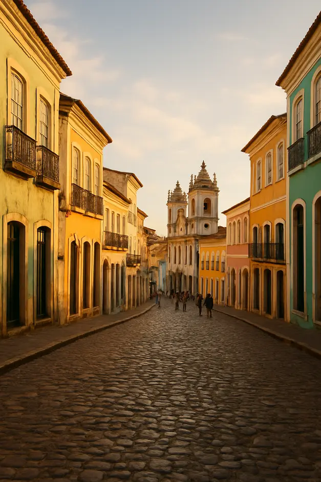 Vista ampla do Pelourinho em Salvador Bahia com fachadas coloniais coloridas ao fim da tarde