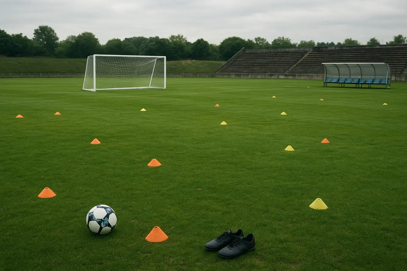 Artilharia do Bahia dividida entre atacante, lateral e volante complica esquema Gramado de treino com cones formando três zonas e bolas espalhadas, sem pessoas