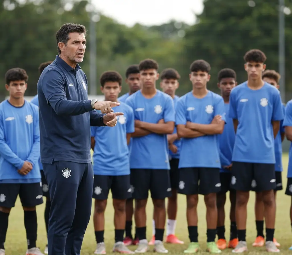 Convocações da base baiana dão mais opções ao Bahia no Brasileirão Técnico orientando jogadores jovens de costas no gramado, gesto em destaque, rostos não identificáveis