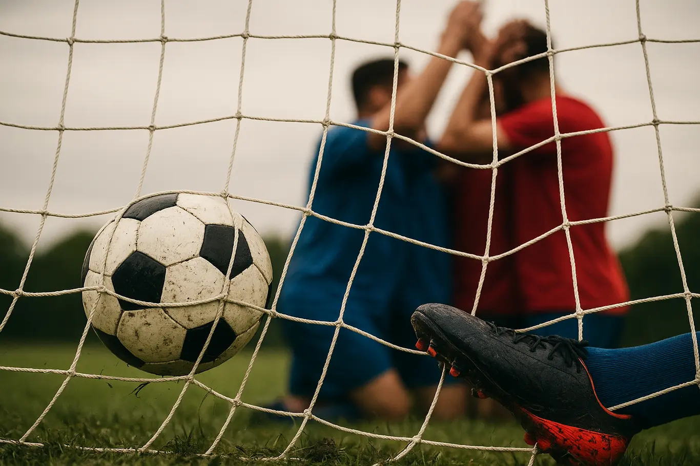 Bahia vence por 6 a 0 e garante vaga na final da Copa Salvador sub-17 Close-up de chuteiras, bola na rede e mãos de jogadores empilhadas em comemoração.