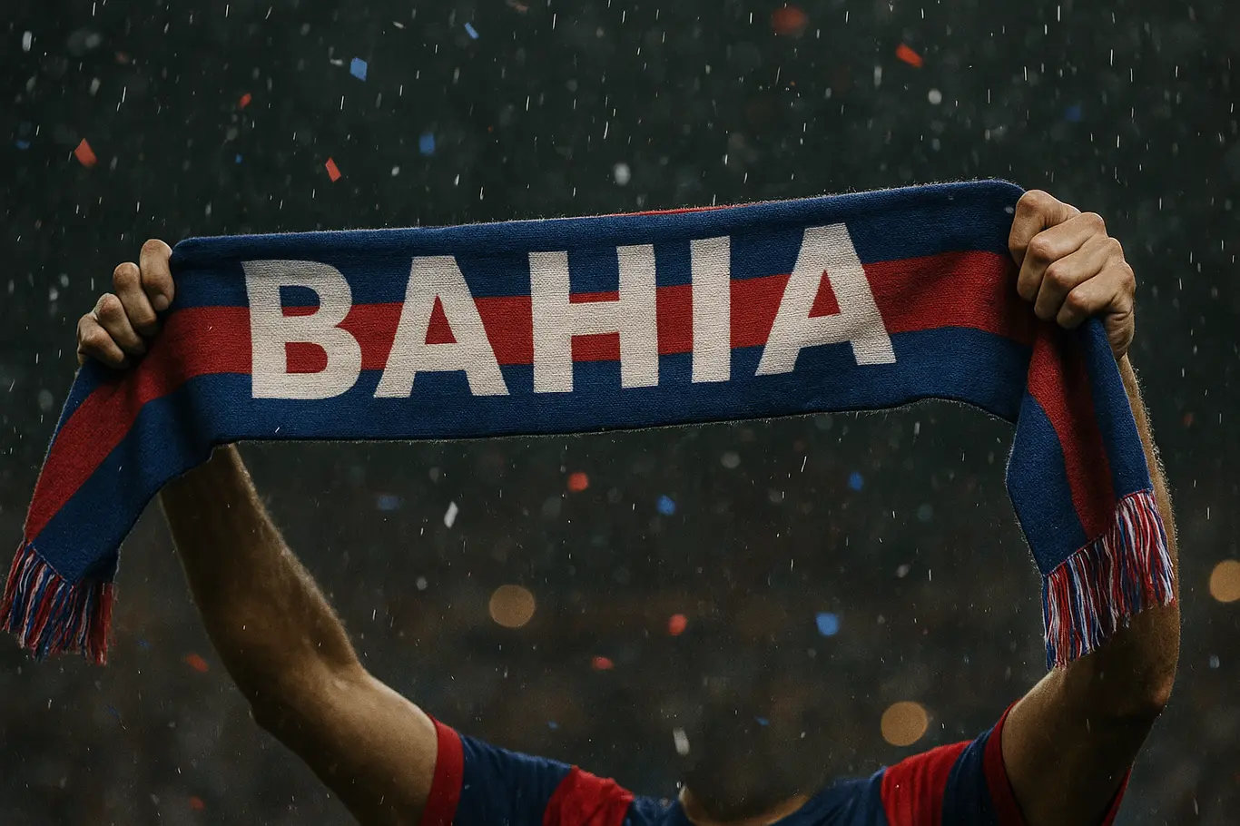 Santos x Bahia ao vivo: vitória do Bahia pode recolocar clube no G-8 Detalhe das mãos segurando cachecol do Bahia com confetes