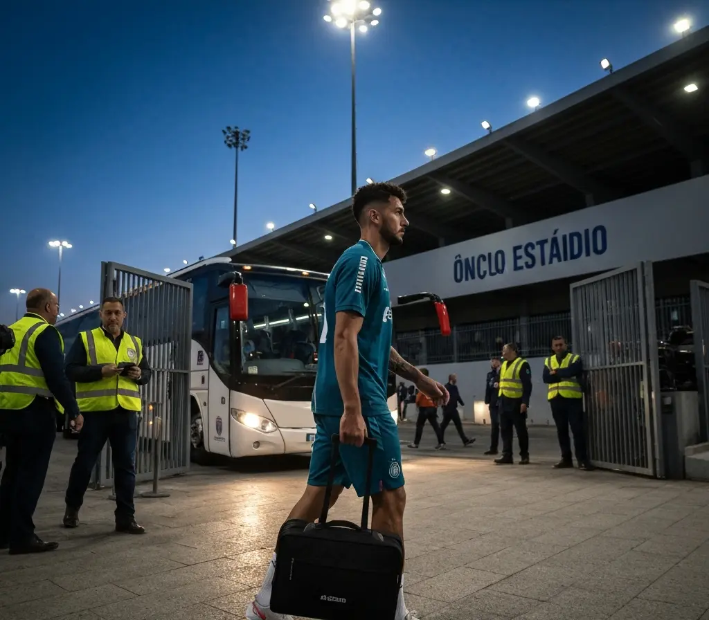 Bahia empresta Gabriel Xavier e fica com seis zagueiros; risco no Baianão Jogador visto de costas caminhando em direção a um ônibus do time na entrada do estádio, rosto não visível.