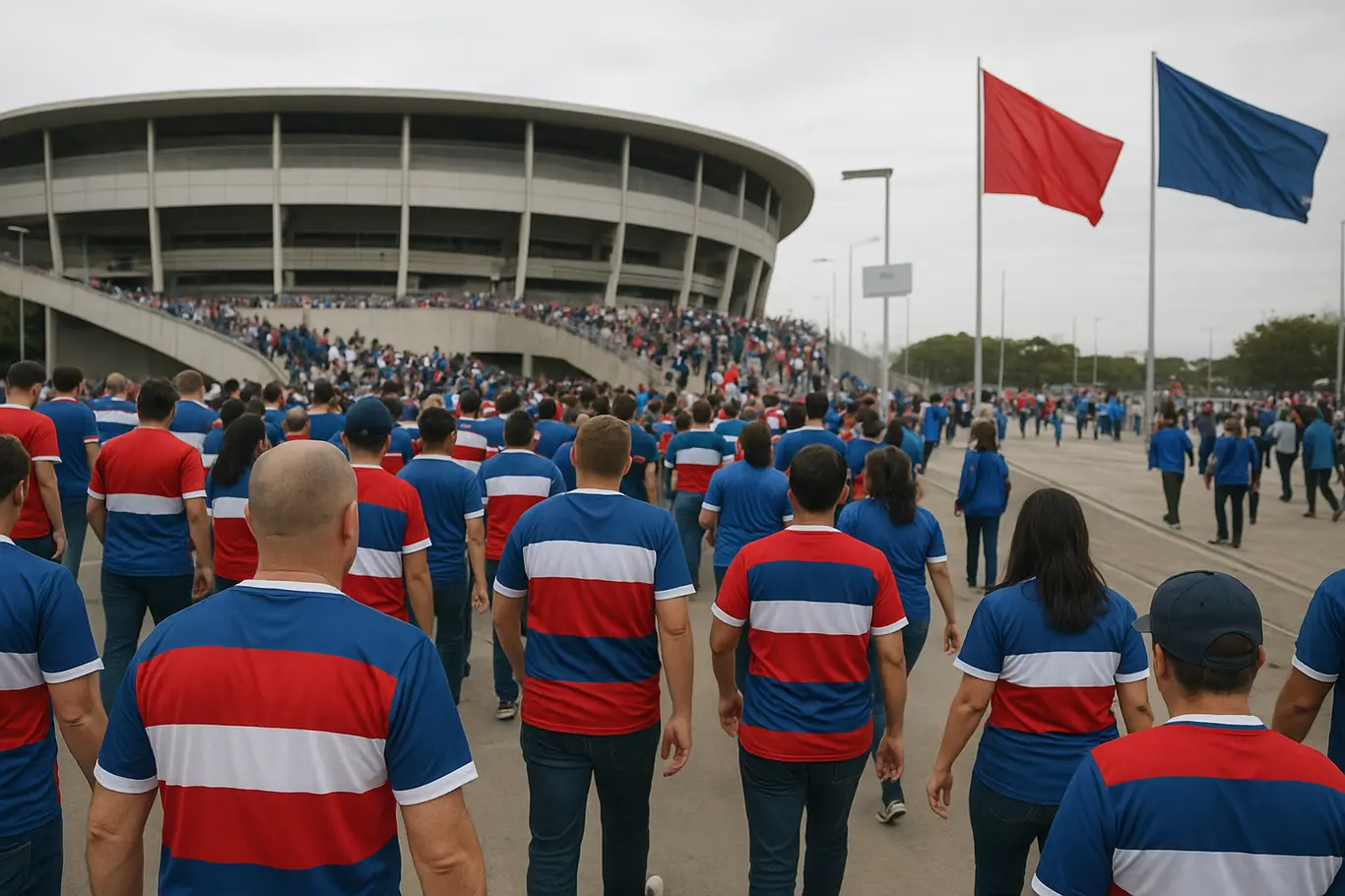 Bahia inicia entrega da camisa do sócio 2026 e estimula presença nos estádios Torcedores de costas caminhando em direção ao estádio usando as novas camisas do sócio.