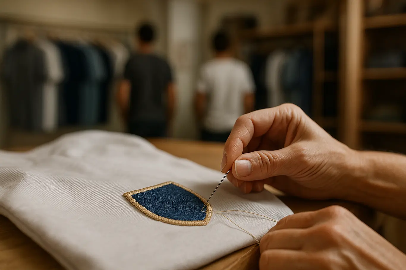 Escudo do Bahia pode ser modernizado e deve impactar camisas e torcedores Detalhe de costureira aplicando emblema em formato de escudo em camiseta