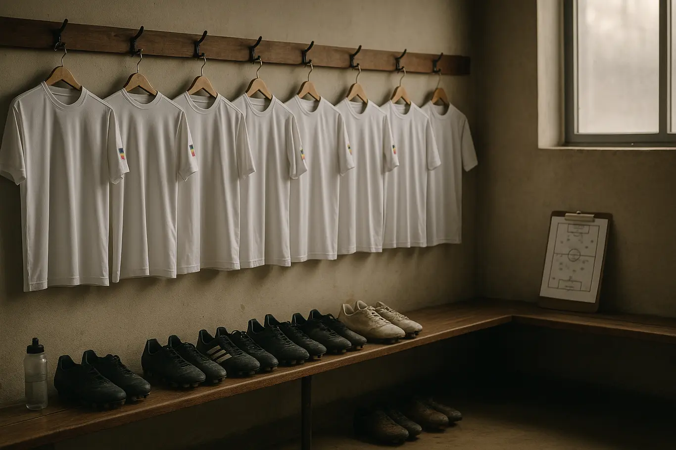 Bahia tem sete estrangeiros no elenco em 2026 e pressiona por resultados Detalhe de sete uniformes pendurados no vestiário do Bahia, sem logos, com chuteiras alinhadas no chão