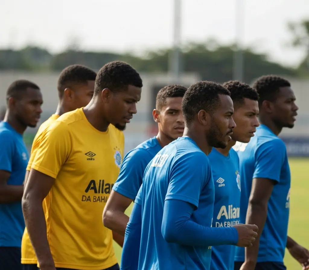 Bahia tem sete estrangeiros no elenco em 2026 e pressiona por resultados Jogadores do Bahia em treino, vistos de costas e perfil, sem rostos identificáveis e sem logos nos uniformes