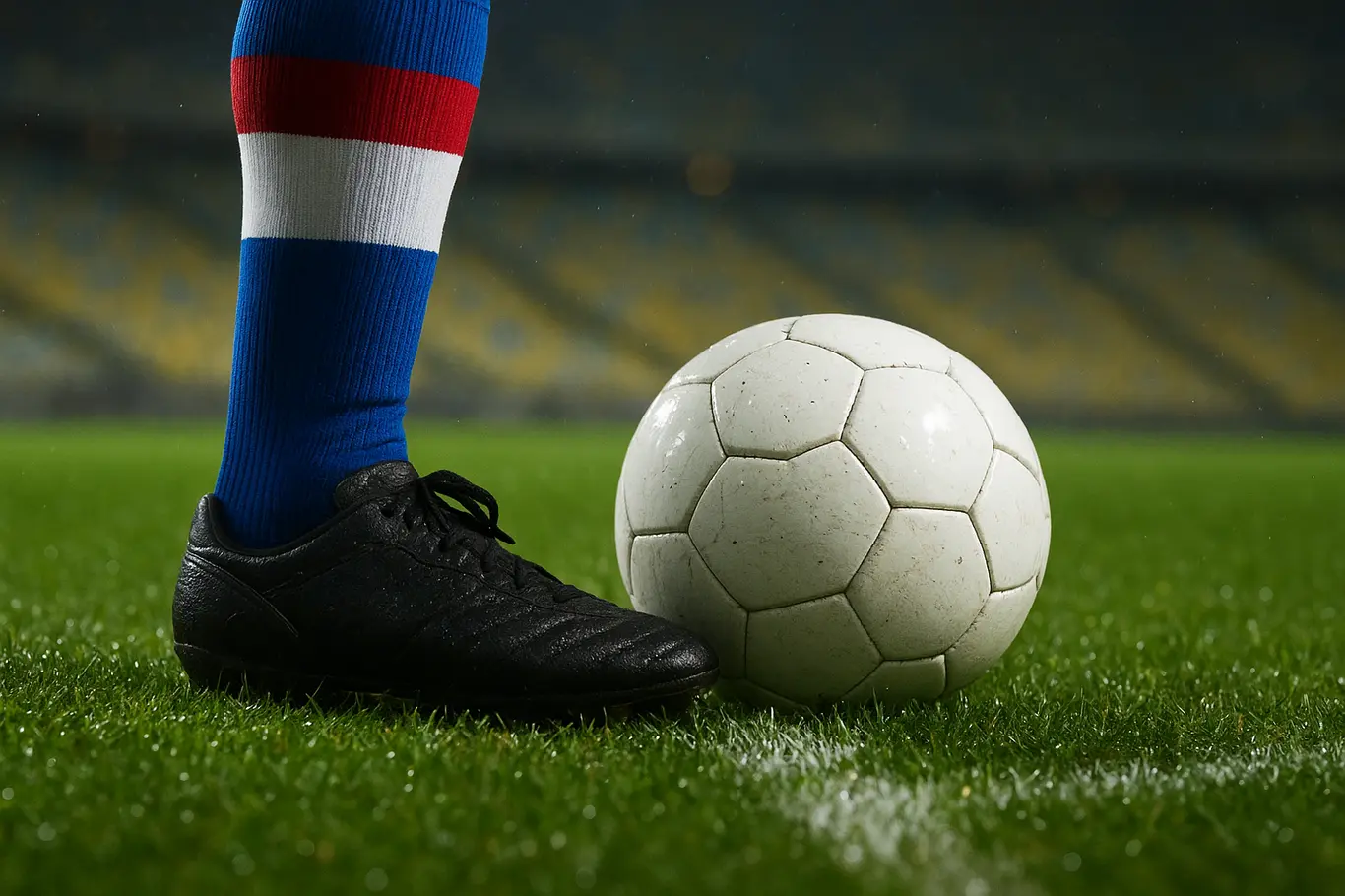 Bahia enfrenta Fluminense no Maracanã e testa opções para o Brasileiro Close-up do pé de jogador do Bahia sobre a bola no círculo central com grama molhada
