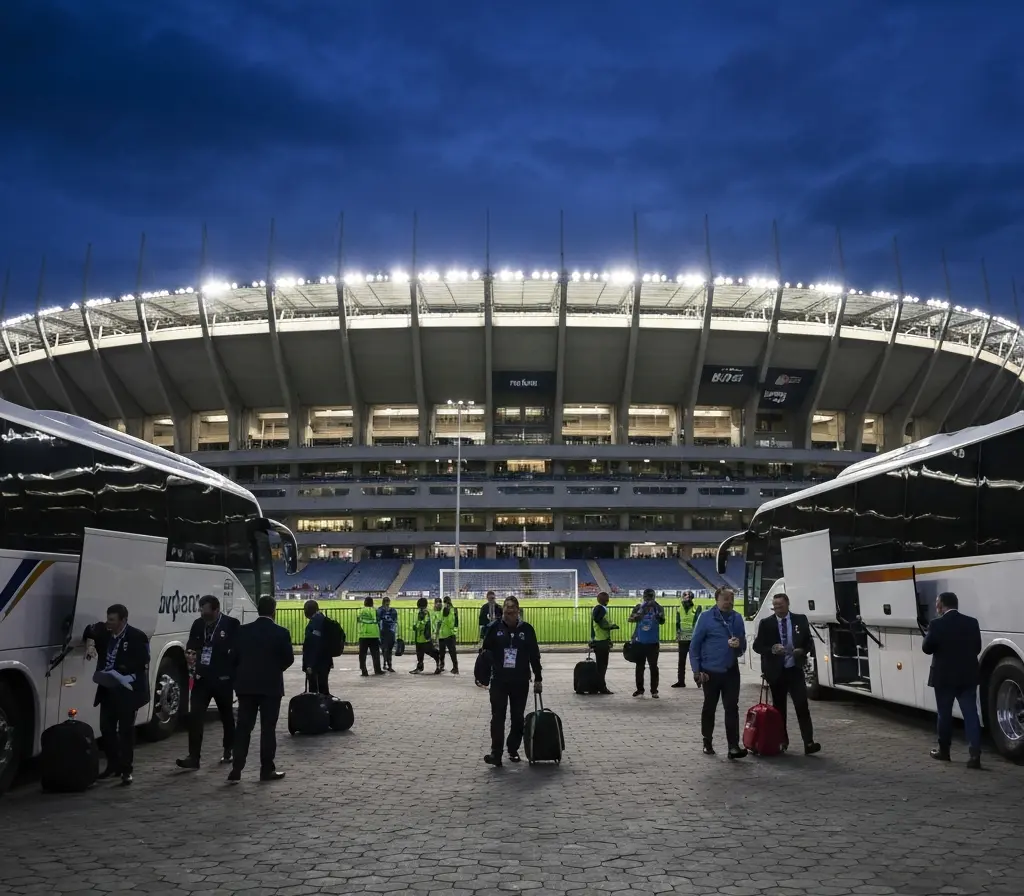 Bahia negocia amistoso com Fluminense no Maracanã para ajuste ao Brasileiro Vista ampla do Maracanã ao entardecer com ônibus e comissões técnicas em silhueta