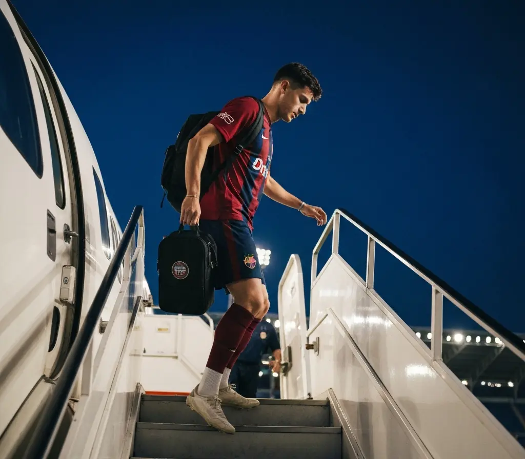 Bahia encaminha venda de Gabriel Xavier para China e perde opção na zaga Jogador de costas subindo escada de embarque de avião ao entardecer com estádio ao fundo