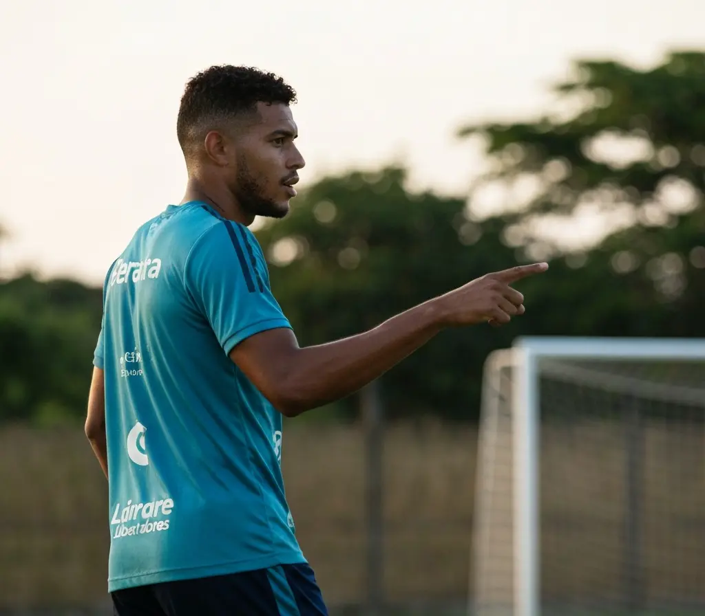 Gilberto exige regularidade no Bahia e projeta briga pela Libertadores Jogador de costas apontando no gramado durante treino, rosto desfocado