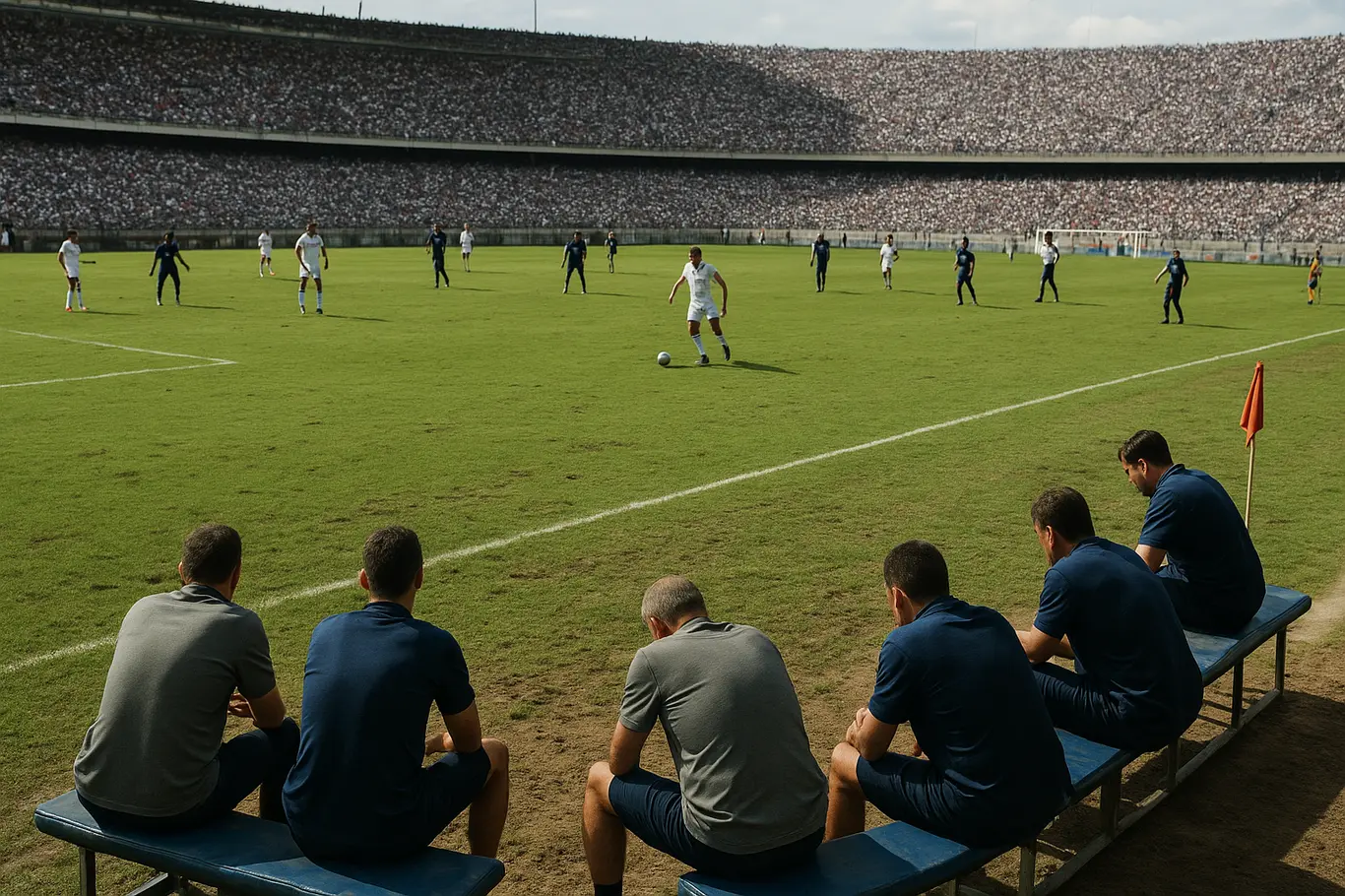 Bahia goleia Juazeirense por 7 a 1 e avança às quartas do Baianão sub-20 Panorâmica do estádio com jogadores do Bahia dominando o campo e bancos de reservas em perfil, sem rostos identificáveis.