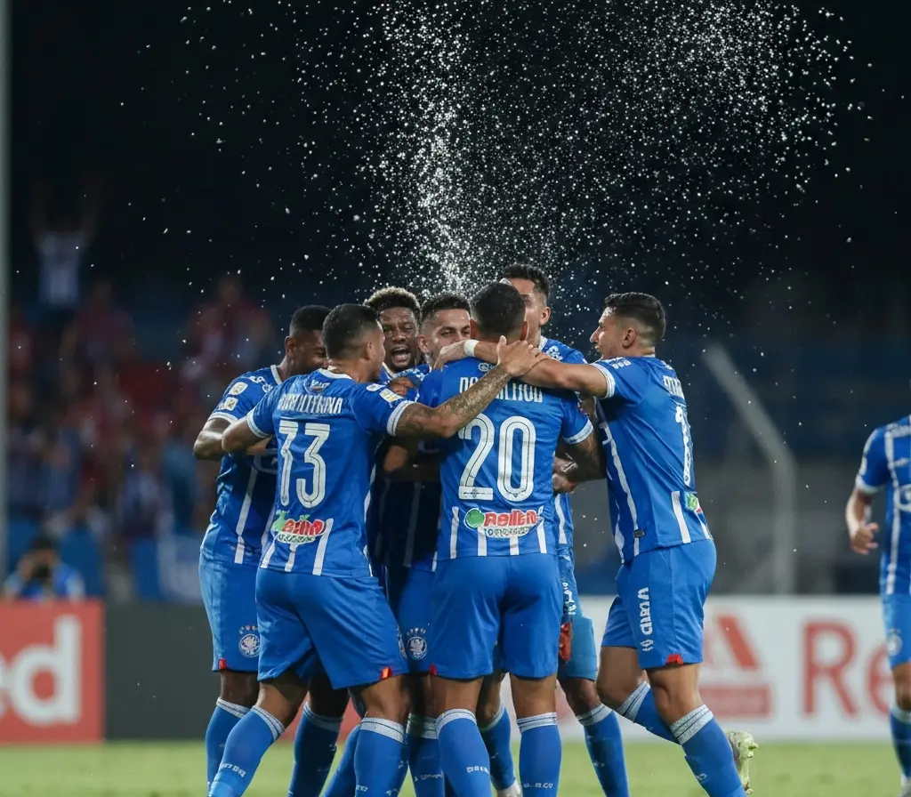 Bahia goleia Juazeirense por 7 a 1 e avança às quartas do Baianão sub-20 Jogadores do Bahia celebrando em grupo no campo, vistos de costas e em perfil, sem rostos identificáveis.