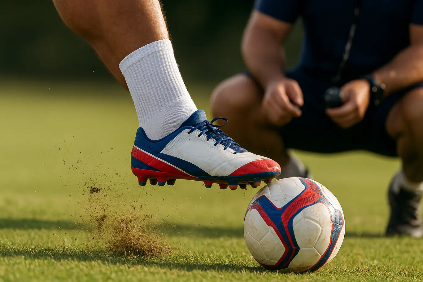 Bahia intensifica intertemporada com foco em jogadas e mira no brasileiro Close-up do chute de um jogador do Bahia durante treino, grama projetada e bola em foco.