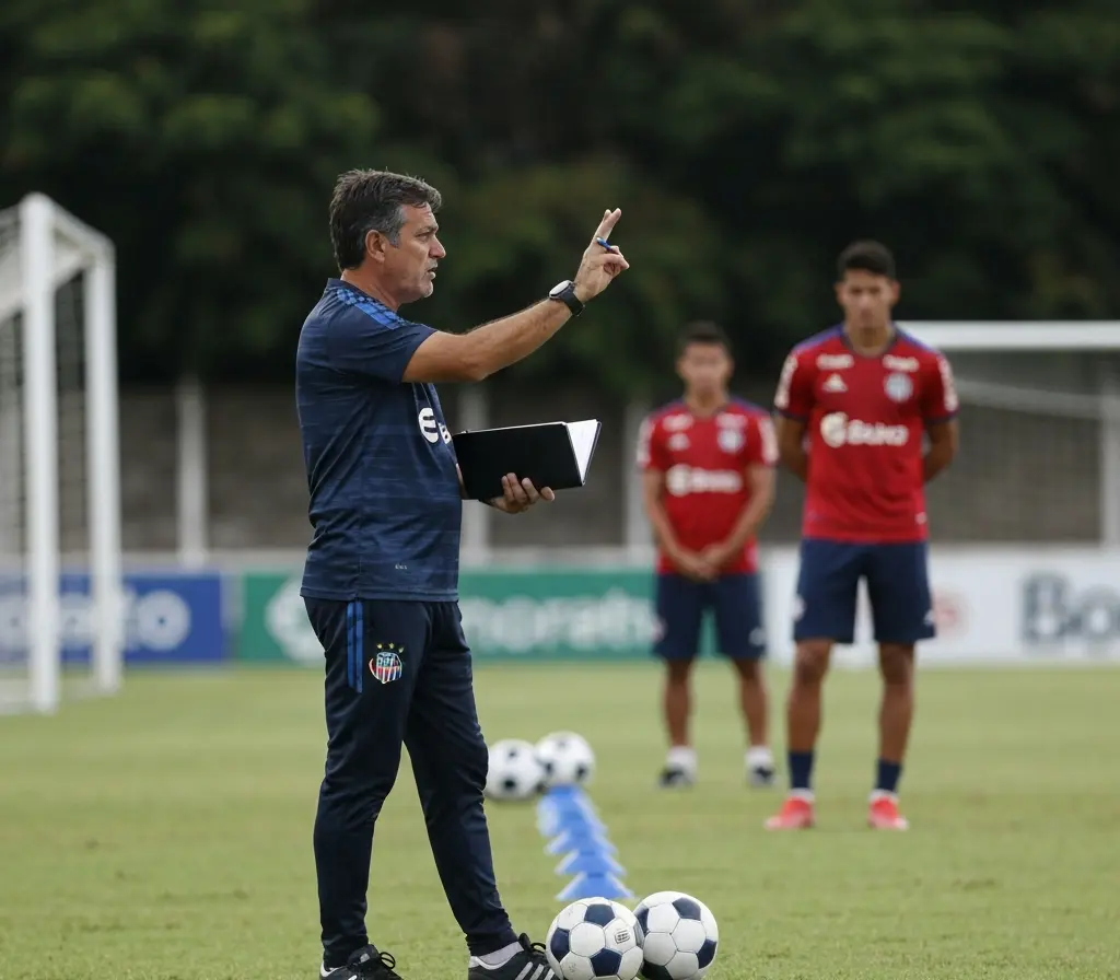 Intertemporada do Bahia prioriza construção e pode melhorar campanha Treinador de costas orienta jogadores do Bahia em treino ao entardecer, foco no gesto e no ambiente