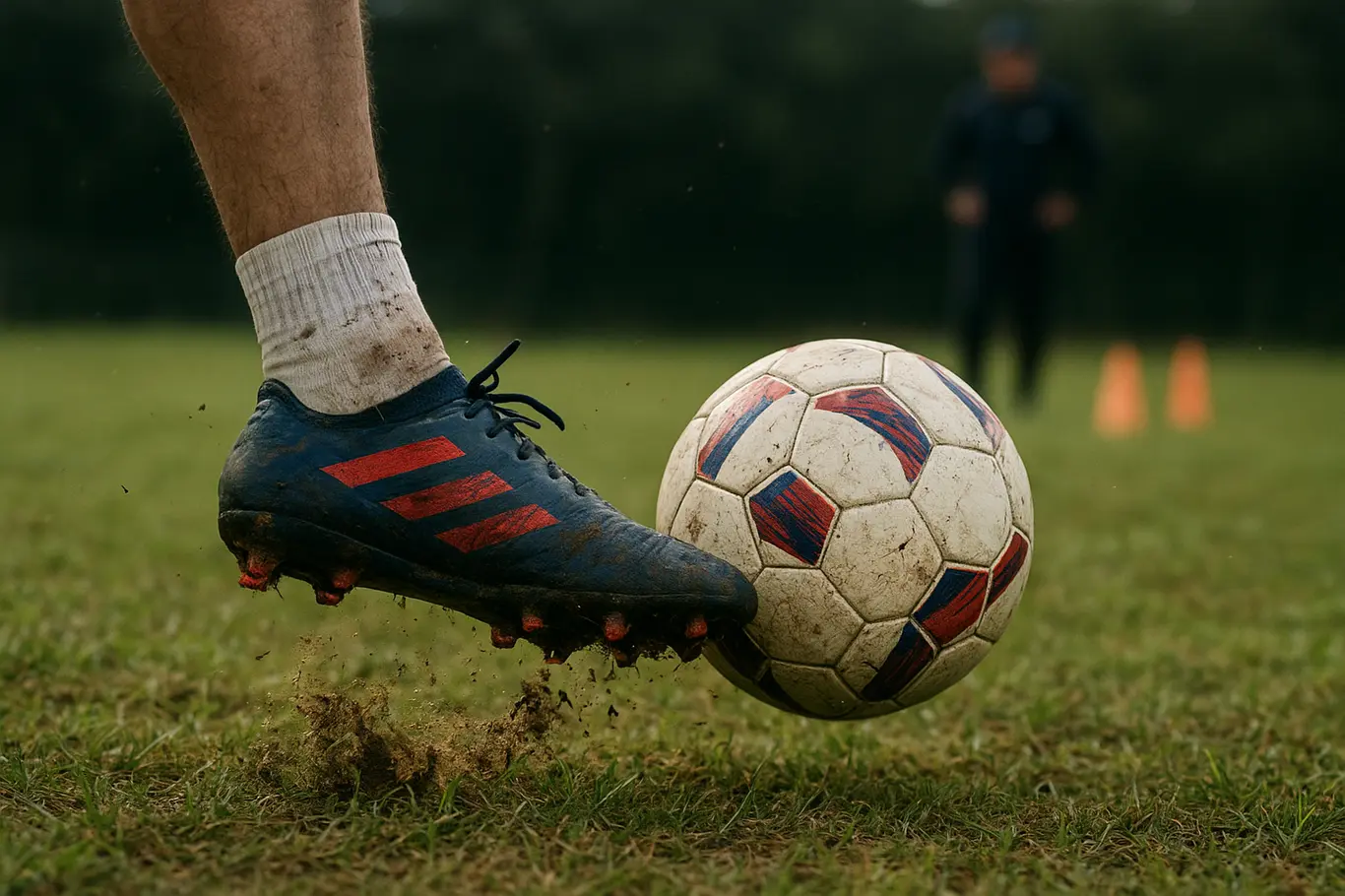 Intertemporada do Bahia prioriza construção e pode melhorar campanha Close no pé de jogador do Bahia chutando bola de treino, grama e lama em destaque