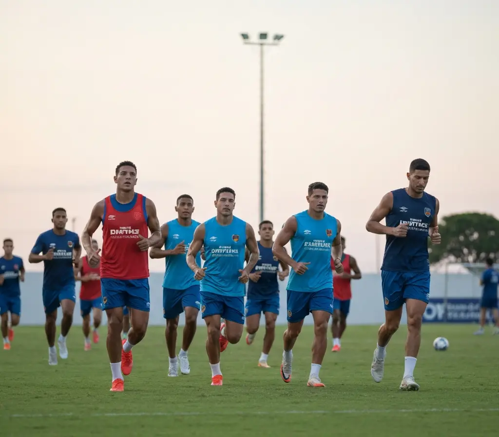 Retorno ao CT: Bahia inicia intertemporada e mira melhor físico Jogadores do Bahia correndo no gramado do CT durante intertemporada, vistos de costas.
