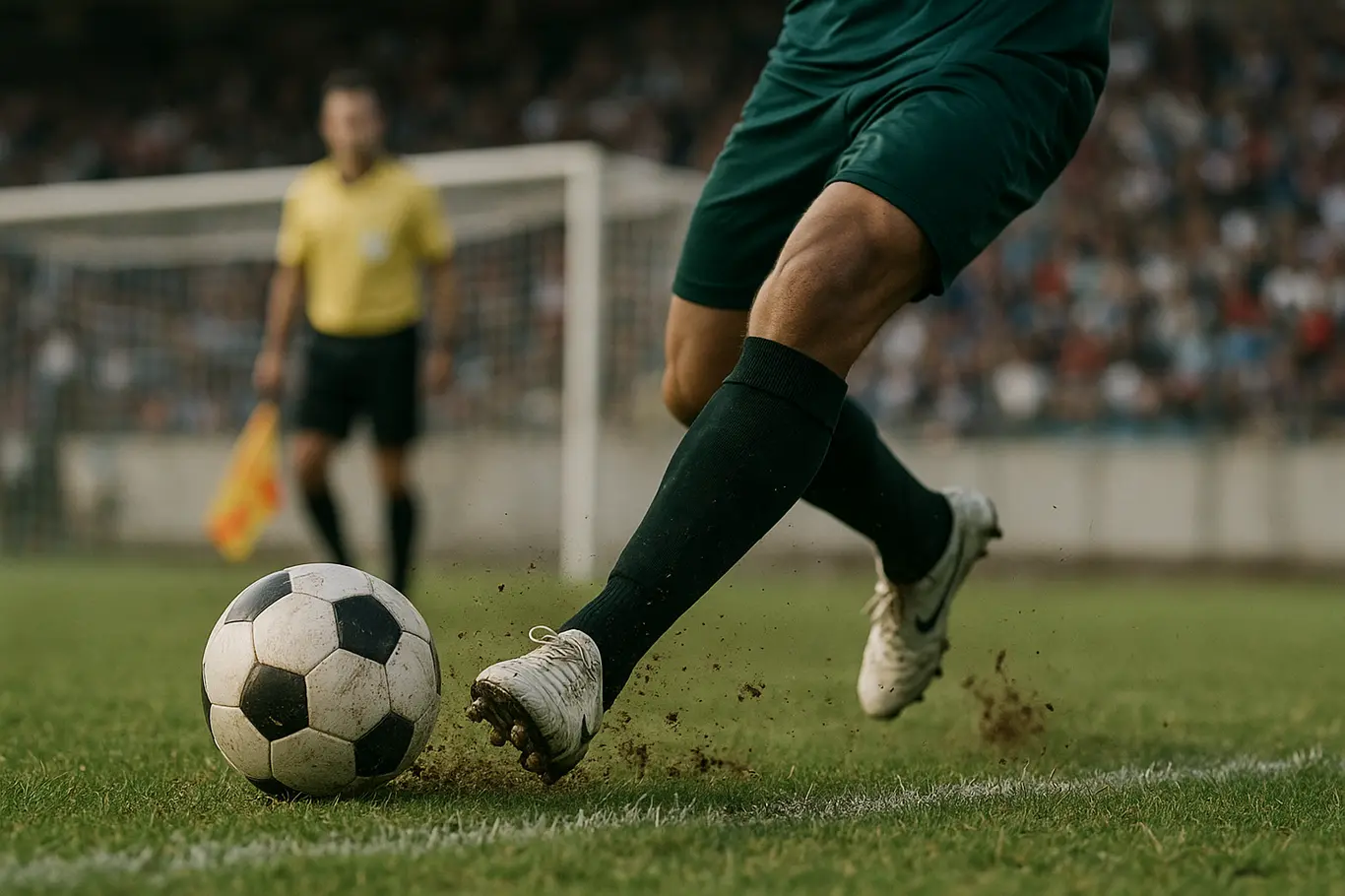 Bahia pega Itabirito em jogo único em Sete Lagoas pela vaga nas quartas Close-up do chute no gramado com respingos de terra e grama, bola em contato com chuteira, fundo do estádio desfocado