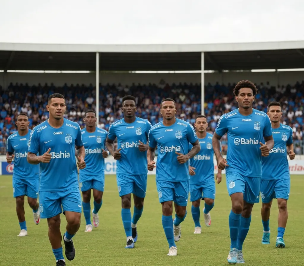 Bahia decide vaga nas quartas contra Juazeirense às 15h Jogadores do Bahia vistos de costas correndo no gramado com arquibancadas lotadas ao fundo, cena editorial de decisão de vaga