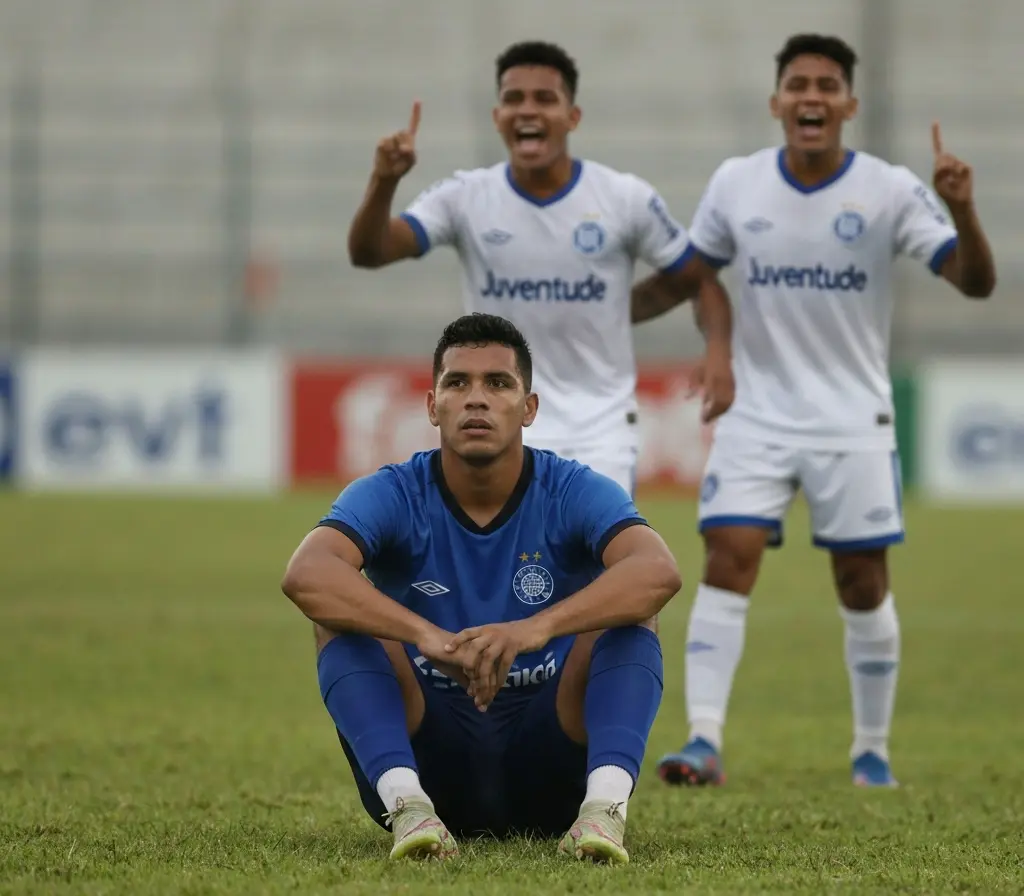 Bahia perde de virada por 3 a 1 para o Juventude e sai do G-8 Jogador do Bahia sentado no gramado de costas, abatido, com jogadores do Juventude comemorando desfocados ao fundo
