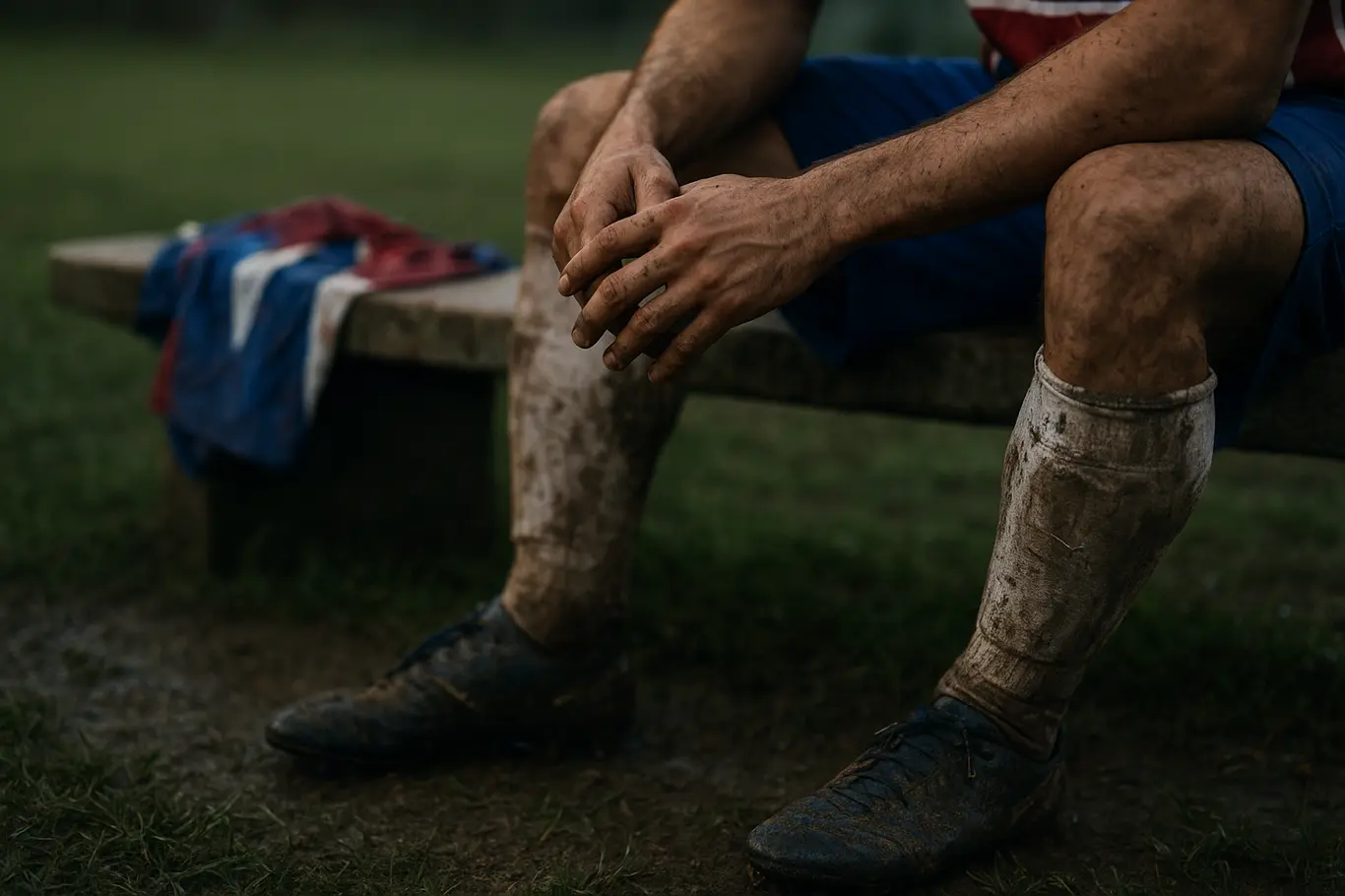 Bahia perde para Juventude fora e complica classificação no Brasileiro sub-20 Close-up de mãos e meias sujas de jogador do Bahia sentado no banco após a partida