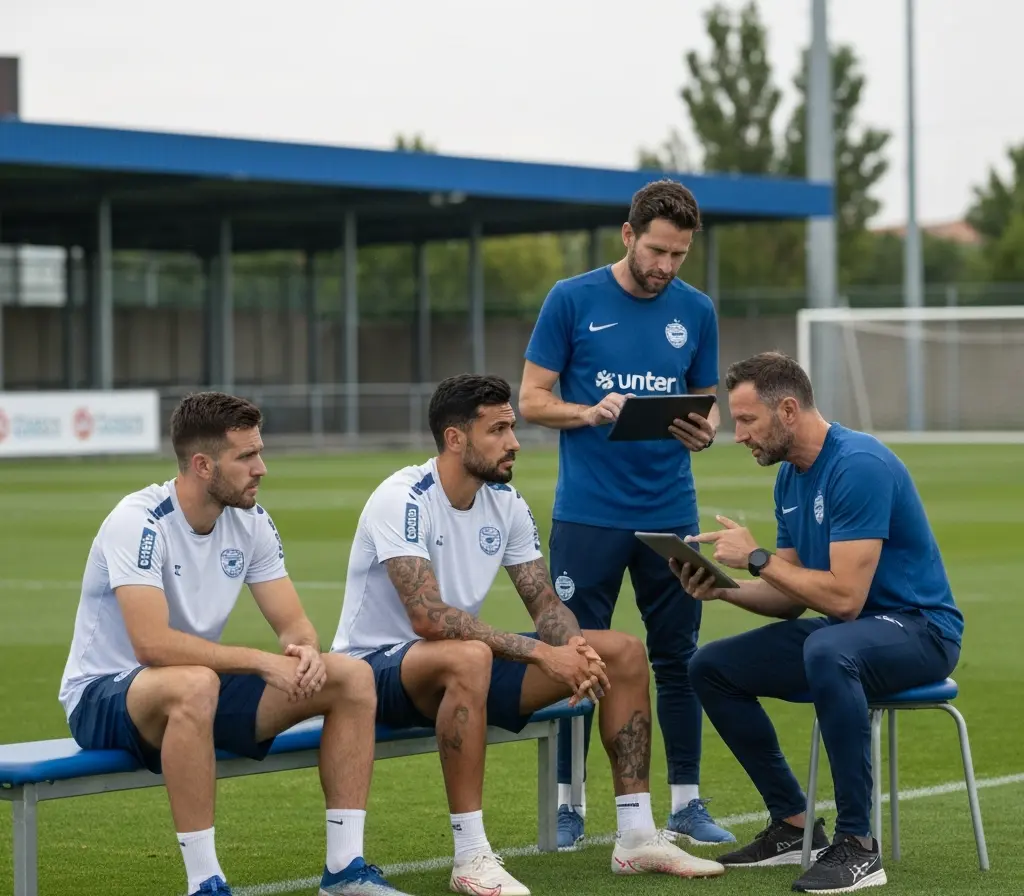 Boletim do Bahia atualiza quatro lesionados e complica escalação no estadual Banco de reservas com jogadores do Bahia lesionados, fisioterapeuta consultando tablet, rostos não identificáveis.