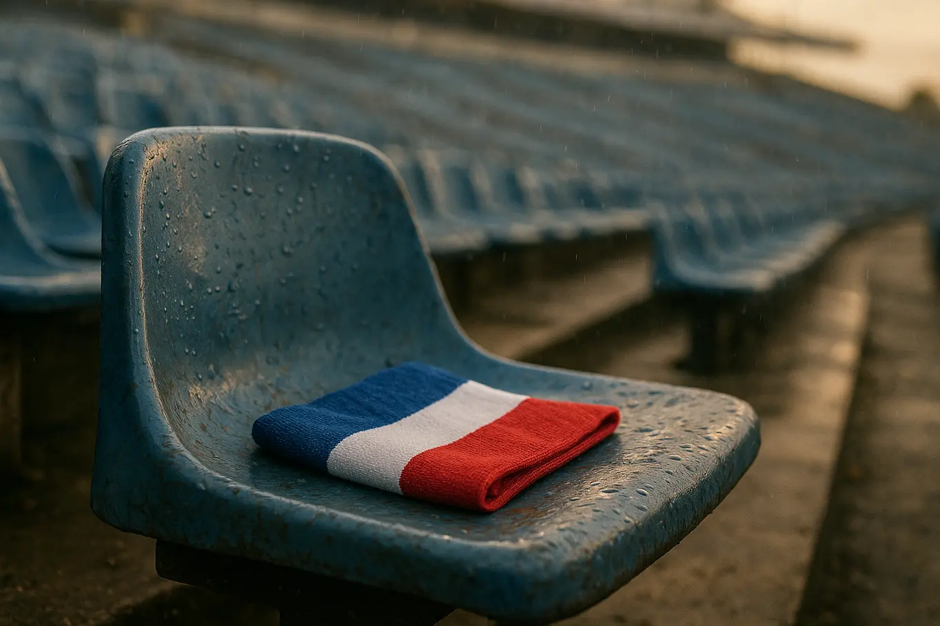 Bahia é o melhor visitante do Brasileirão e precisa melhorar em casa Assento vazio nas arquibancadas com lenço nas cores do Bahia e gotas de chuva, estádio vazio ao fundo