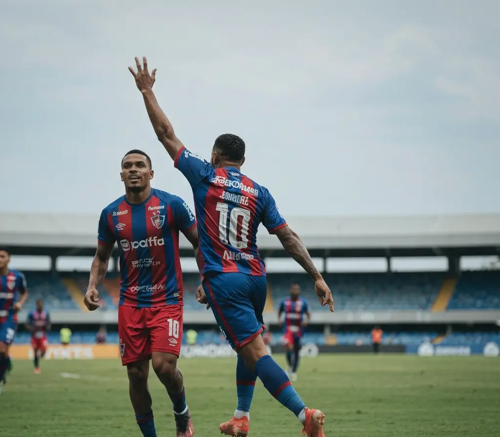 Bahia é o melhor visitante do Brasileirão e precisa melhorar em casa Jogadores do Bahia vistos de costas comemorando gol em estádio adversário com torcedores desfocados ao fundo
