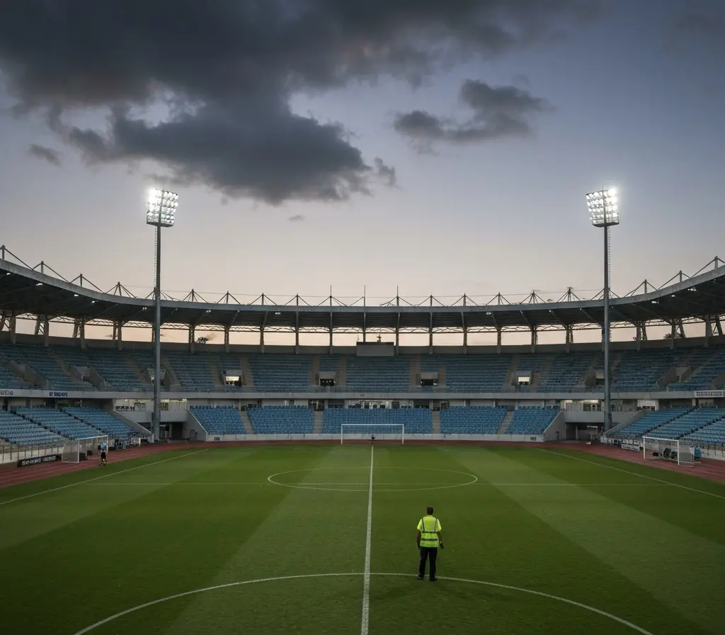 Partida remarcada para 17 de julho altera calendário do Bahia Estádio vazio ao entardecer com refletores acesos e um funcionário de costas.