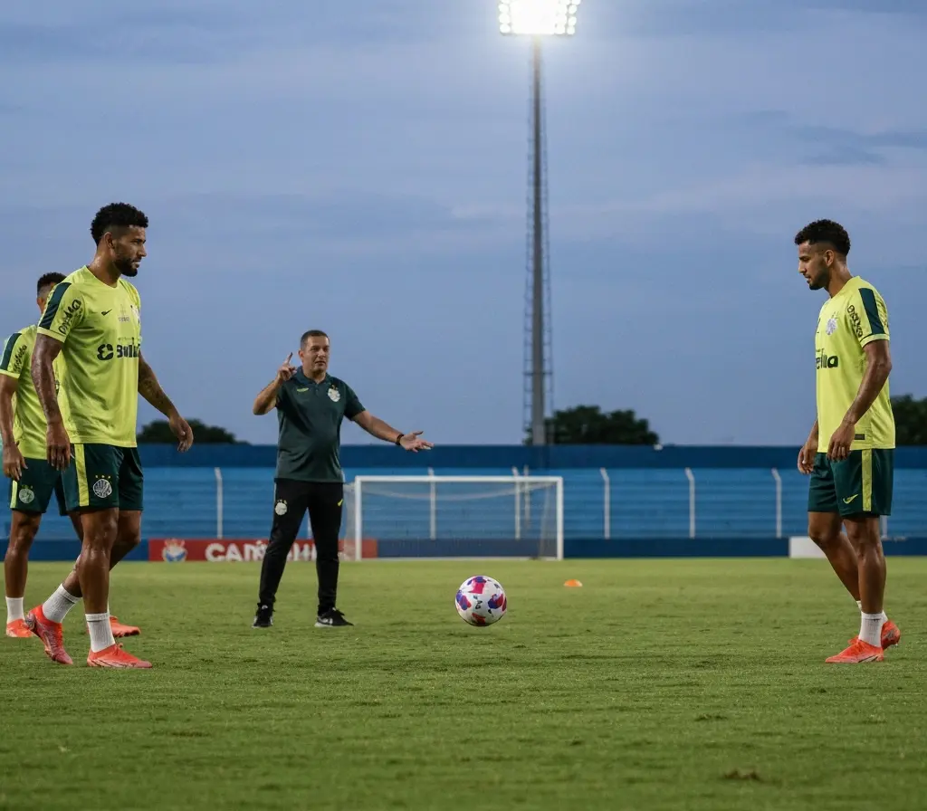 Bahia enfrenta Atlético-MG em 21 de julho e ganha prazo para ajustar preparação Treino do Bahia ao entardecer, jogadores de costas no gramado e técnico gesticulando à distância