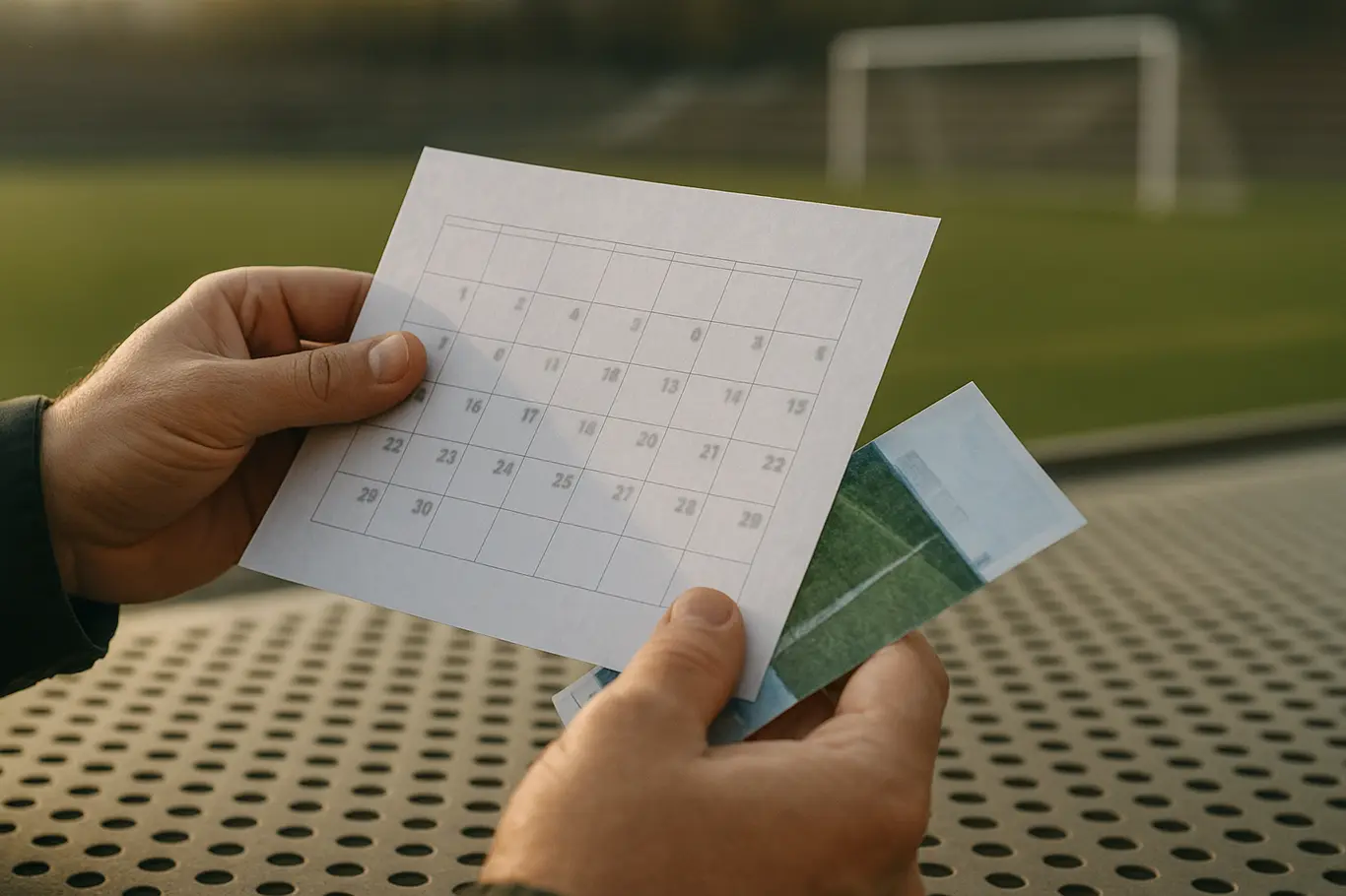 Bahia pode ter jogo remarcado antes da 19ª rodada e altera calendário Detalhe de mãos segurando calendário e ingresso com arquibancada vazia ao fundo.